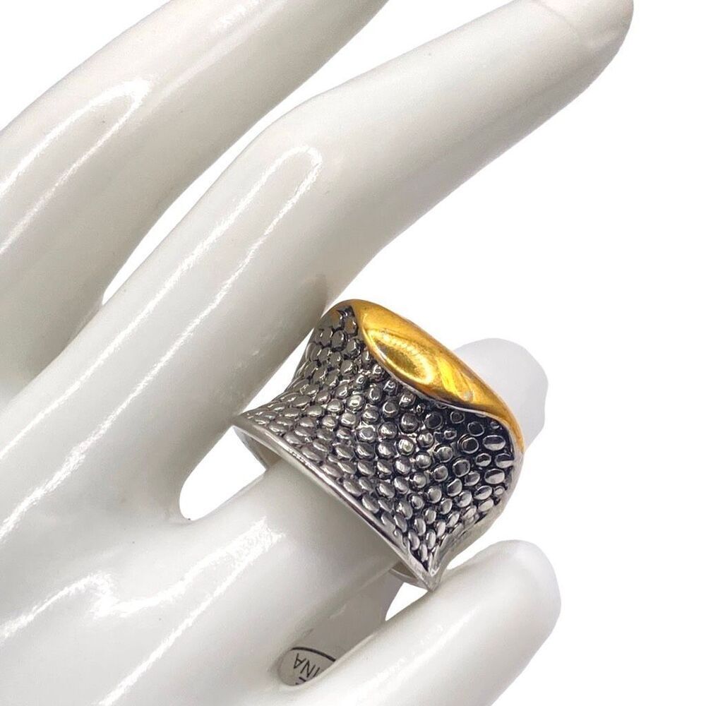 Chunky Two-Tone Saddle Ring - Gold & Silver Textured Boho Statement Ring Size 6